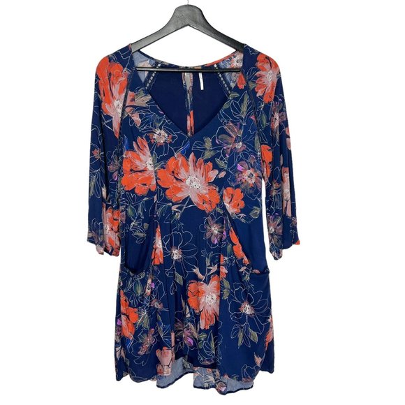 Free People Eyes On You Blue Floral Long Sleeve Tunic Mini Dress 4 - Picture 1 of 14